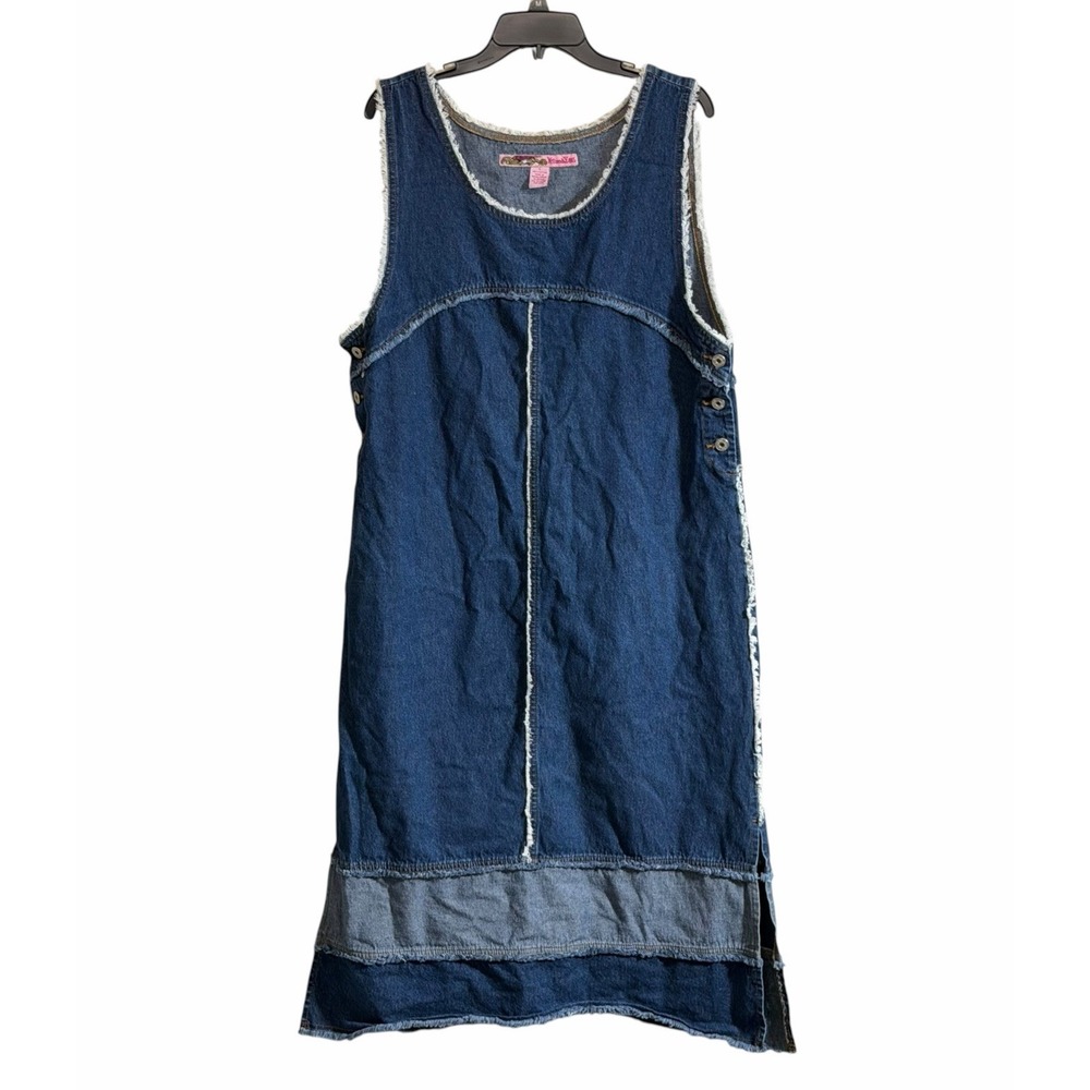 Y2K Womens Sz Large Sleeveless Maxi Dress Frayed Hem Blue Denim Cottagecore